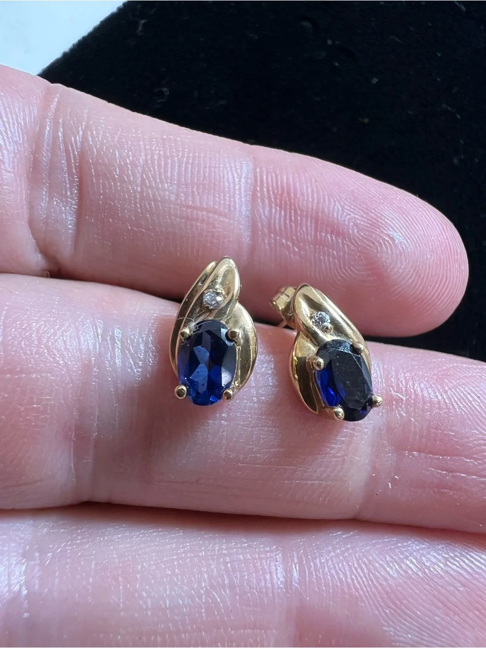 10K Gold Blue Sapphire Oval Stud Earrings with CZ Accent